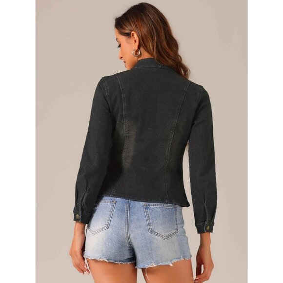 Women's Casual Denim Jacket Classic Stand Collar Long Sleeve Jean Jacket Black - Picture 2 of 5